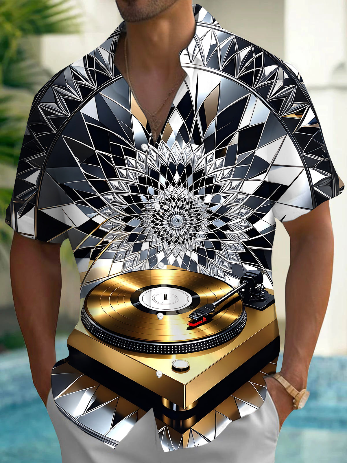 Adaychic Men's Graphic Vinyl Record Player Print Short Sleeve Shirt with Chest Pocket