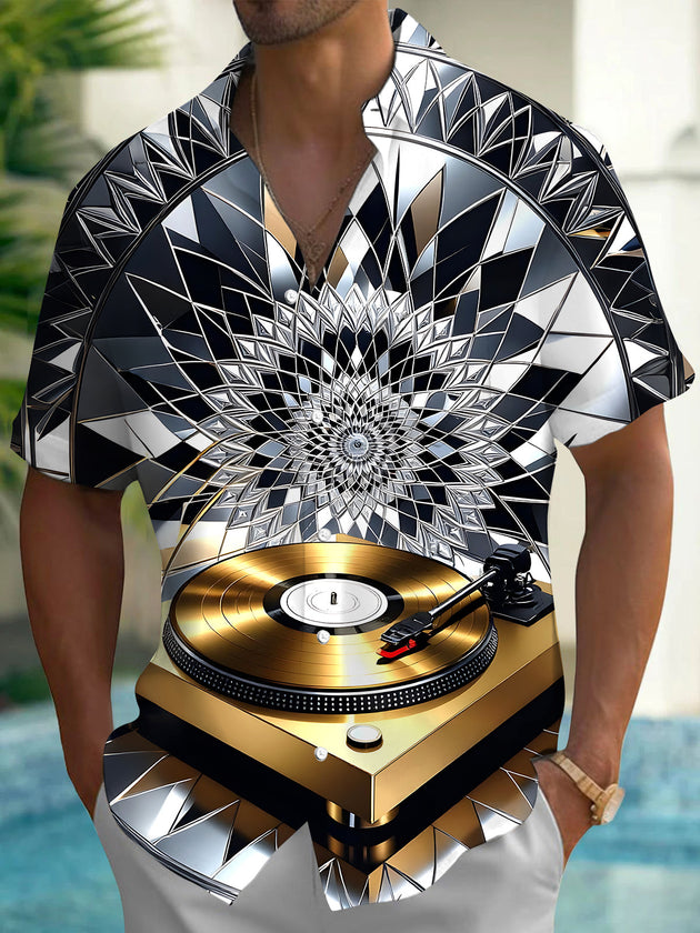 Adaychic Men's Graphic Vinyl Record Player Print Short Sleeve Shirt with Chest Pocket
