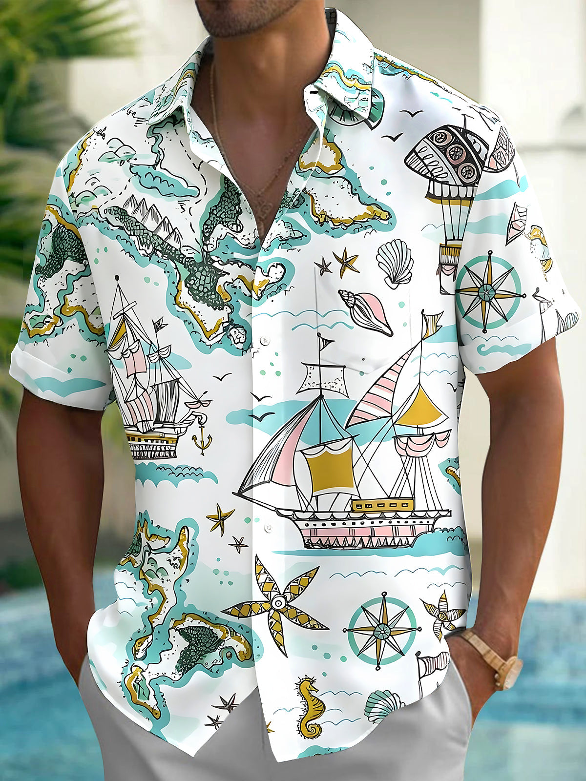 Adaychic Men's Hawaiian Sailing Boat Print Short Sleeve Shirt with Chest Pocket