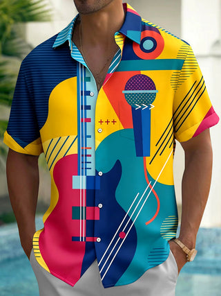 Adaychic Men's Geometric Music Instruments Print Short Sleeve Shirt with Chest Pocket
