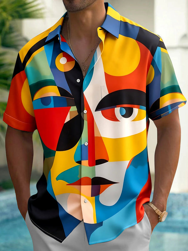 Colorful Geometry Face Men's Pocket Short Sleeve Shirts