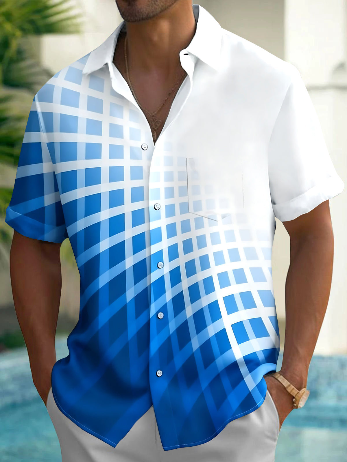 Adaychic Men's Geometric Gradient Grid Print Short Sleeve Shirt with Chest Pocket