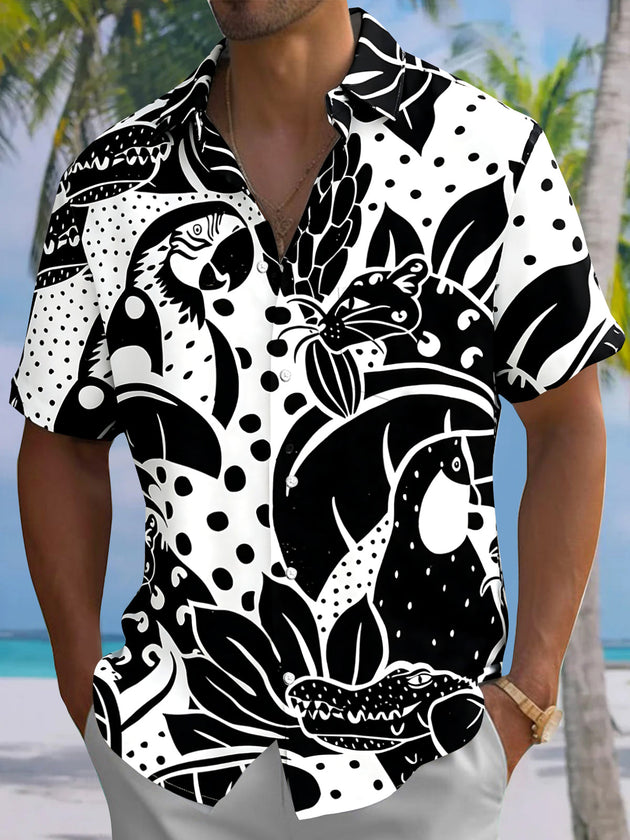 Adaychic Men's Black And White Animal Print Short Sleeve Shirt with Chest Pocket