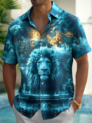 Adaychic Men's Hawaiian Lion Portrait Print Short Sleeve Shirt with Chest Pocket