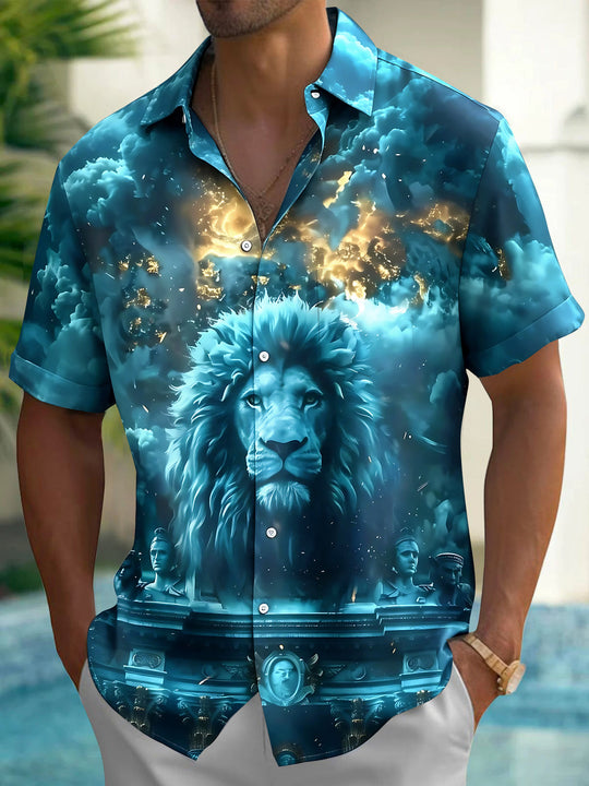 Adaychic Men's Hawaiian Lion Portrait Print Short Sleeve Shirt with Chest Pocket