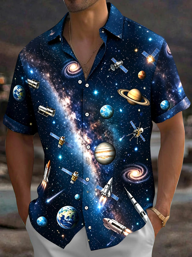 Adaychic Men's Hawaiian Space Galaxy Print Short Sleeve Shirt with Chest Pocket