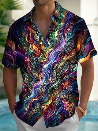 Adaychic Men's Colorful Swirling Fluid Art Print Short Sleeve Shirt with Chest Pocket