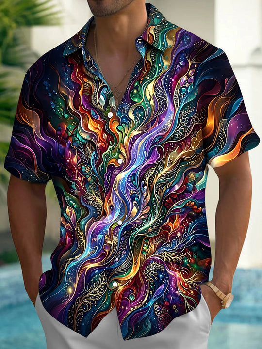 Adaychic Men's Colorful Swirling Fluid Art Print Short Sleeve Shirt with Chest Pocket