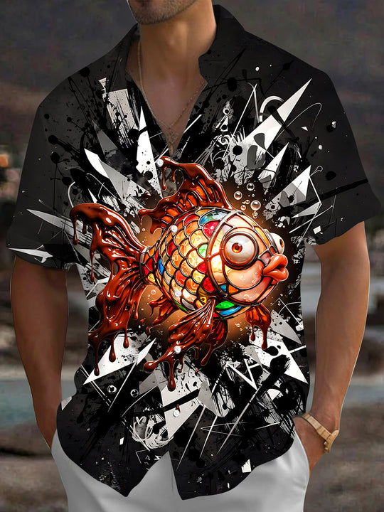 Adaychic Men's Graphic Stained Glass Goldfish Print Short Sleeve Shirt with Chest Pocket
