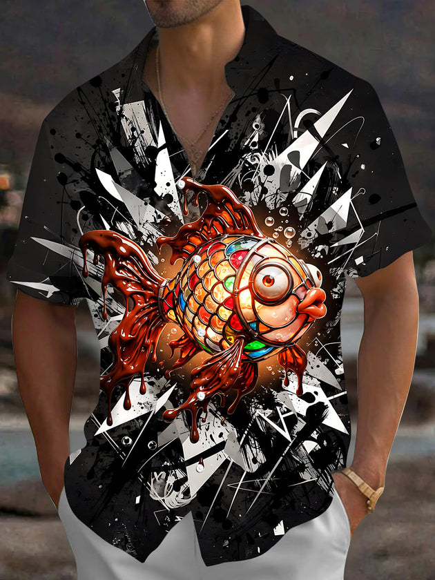 Adaychic Men's Graphic Stained Glass Goldfish Print Short Sleeve Shirt with Chest Pocket
