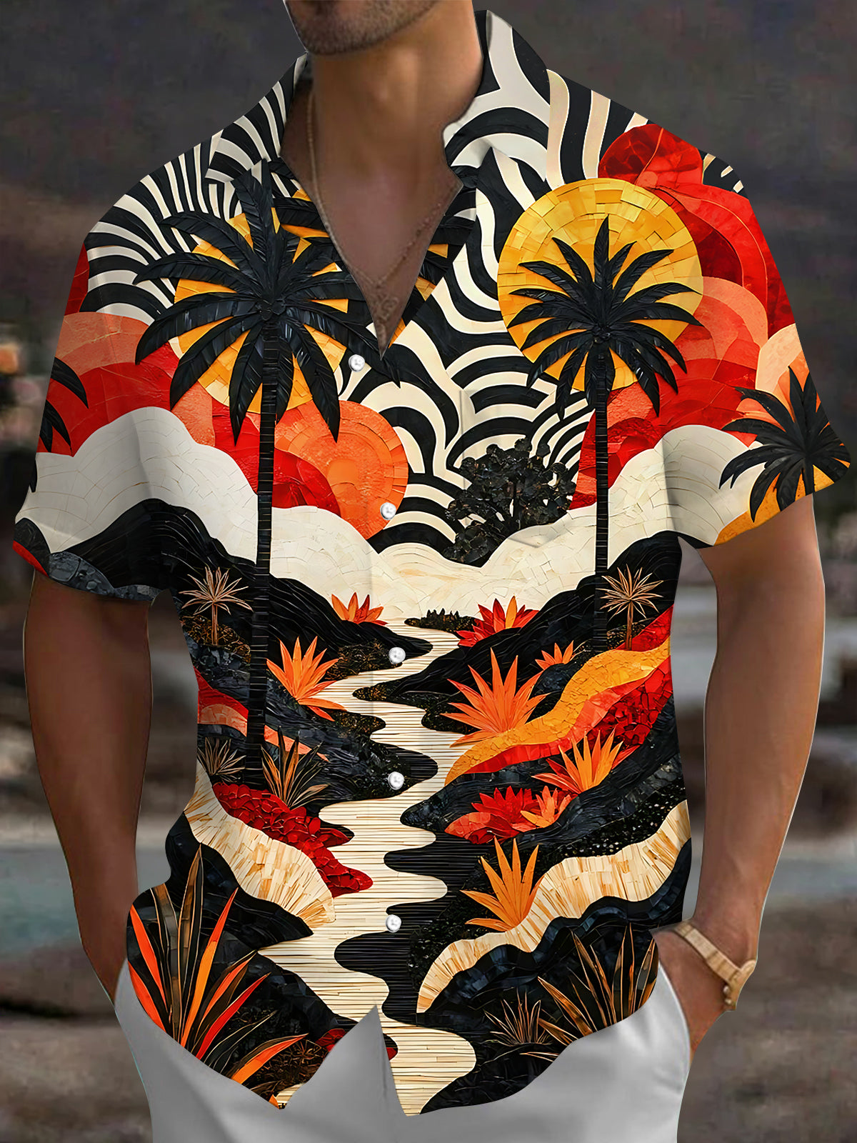 Adaychic Men's Palm Tree Sunset Landscape Print Short Sleeve Shirt with Chest Pocket