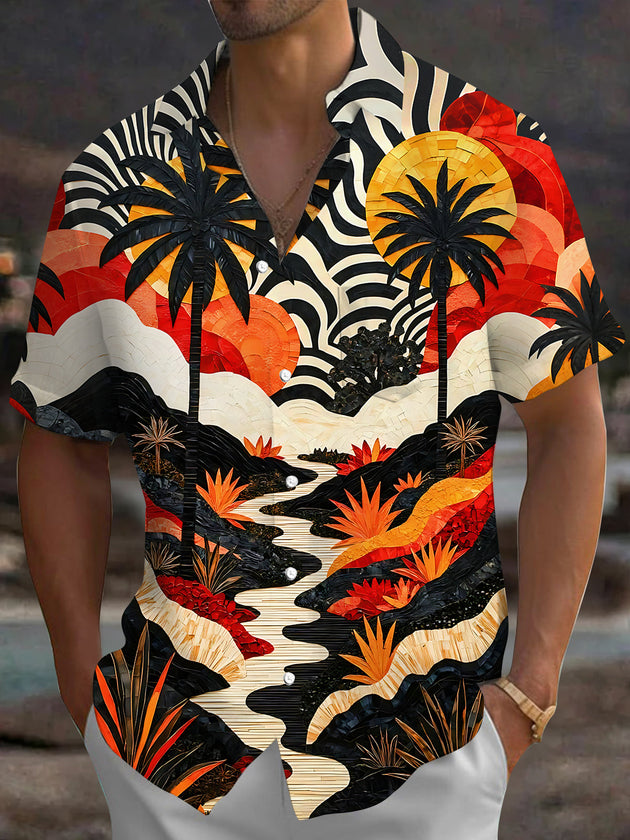 Adaychic Men's Palm Tree Sunset Landscape Print Short Sleeve Shirt with Chest Pocket