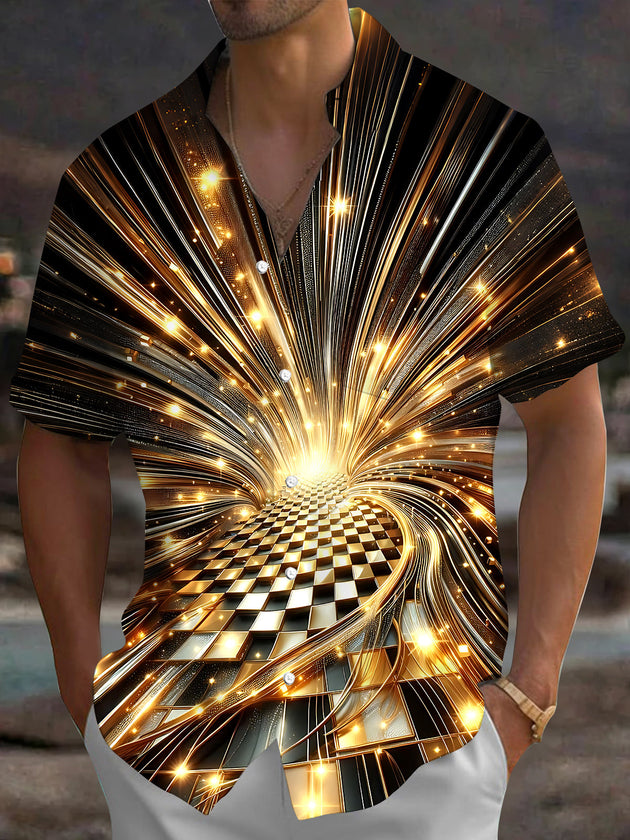 Adaychic Men's Patterned Golden Light Rays Print Short Sleeve Shirt with Chest Pocket