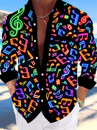 Adaychic Men's Graphic Neon Musical Notes Print Long Sleeve Shirt with Chest Pocket