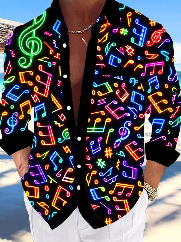 Adaychic Men's Graphic Neon Musical Notes Print Long Sleeve Shirt with Chest Pocket