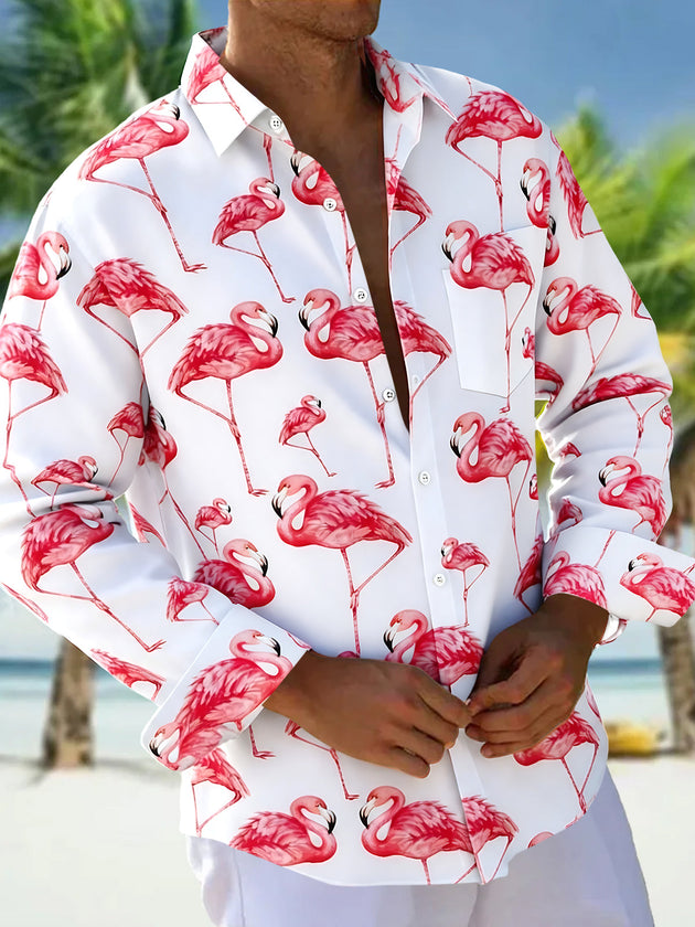 Adaychic Men's Hawaiian Flamingo Print Long Sleeve Shirt with Chest Pocket