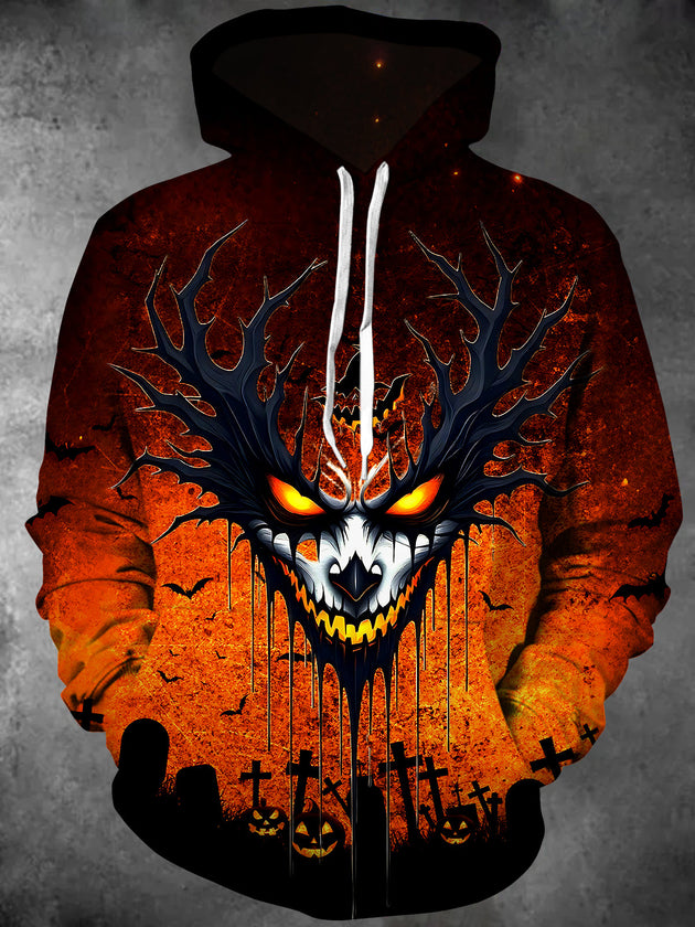 Halloween Mask Bat Tombstone Cross Pumpkin Men's Long Sleeve Pocket Hooded Sweatshirt