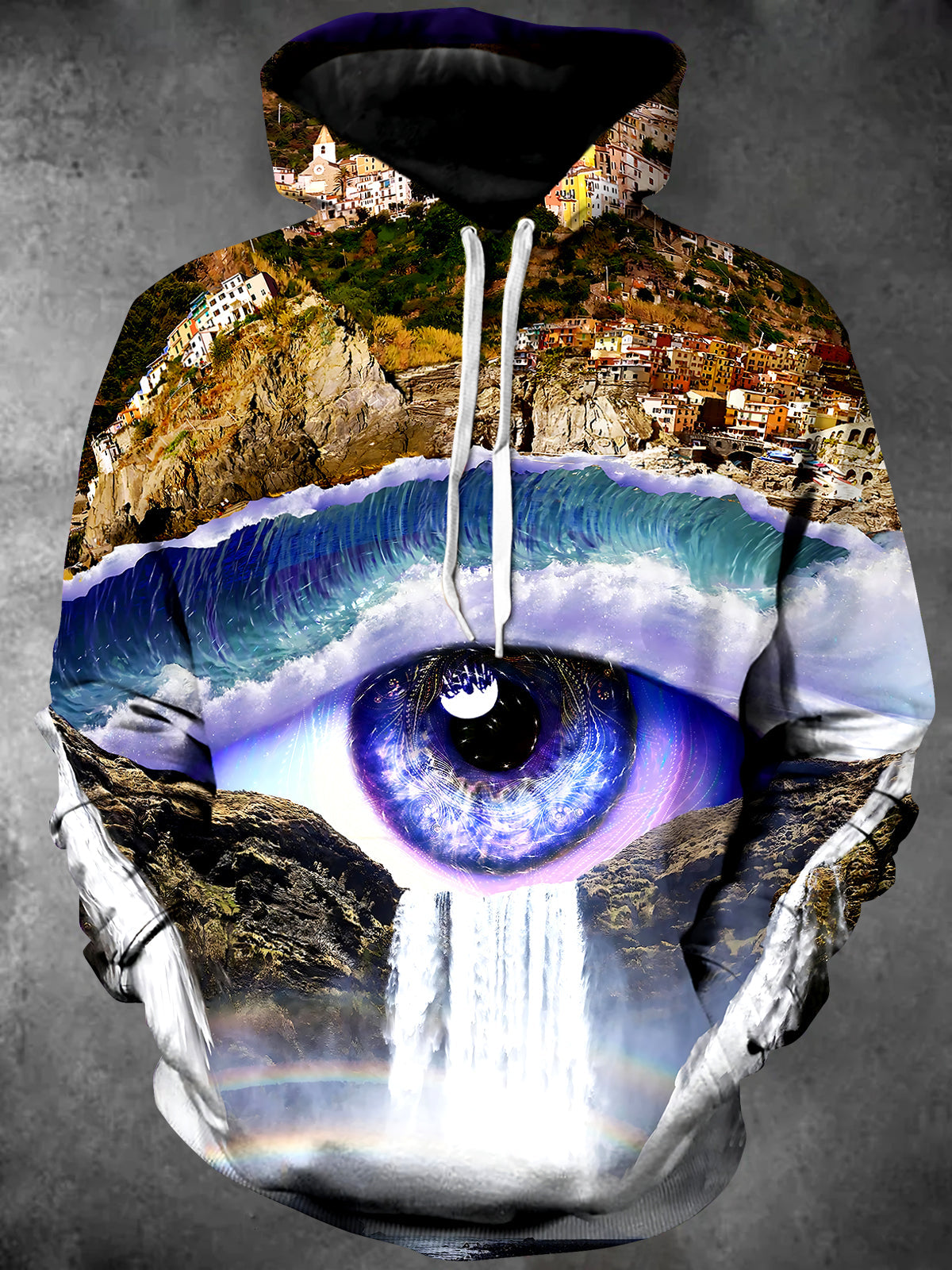 Adaychic Men's 3D Eye Waterfall Landscape Print Long Sleeve Hoodie with Chest Pocket