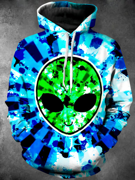 Adaychic Men's Graphic Alien Face Print Long Sleeve Hoodie with Chest Pocket