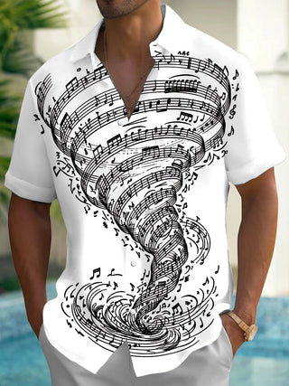 Adaychic Men's Graphic Musical Notes Tornado Print Short Sleeve Shirt with Chest Pocket