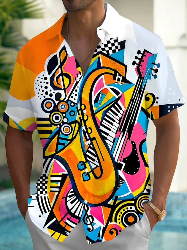Saxophone Violin Piano Musical Note Geometry Men's Pocket Short Sleeve Shirts