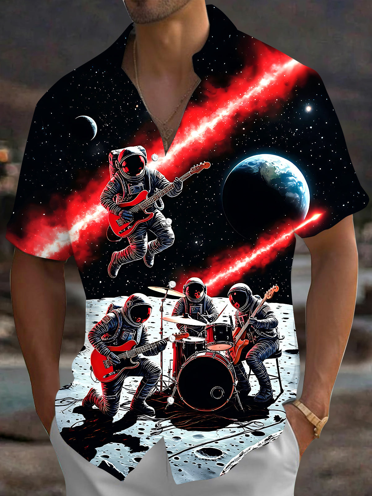 Adaychic Men's Graphic Astronaut Band Print Short Sleeve Shirt with Chest Pocket