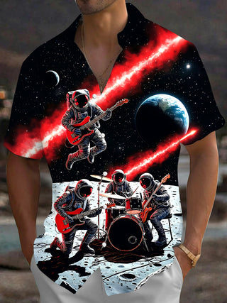 Adaychic Men's Graphic Astronaut Band Print Short Sleeve Shirt with Chest Pocket