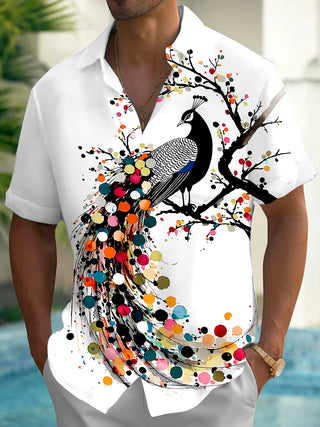 Adaychic Men's Printed Colorful Peacock Print Short Sleeve Shirt with Chest Pocket
