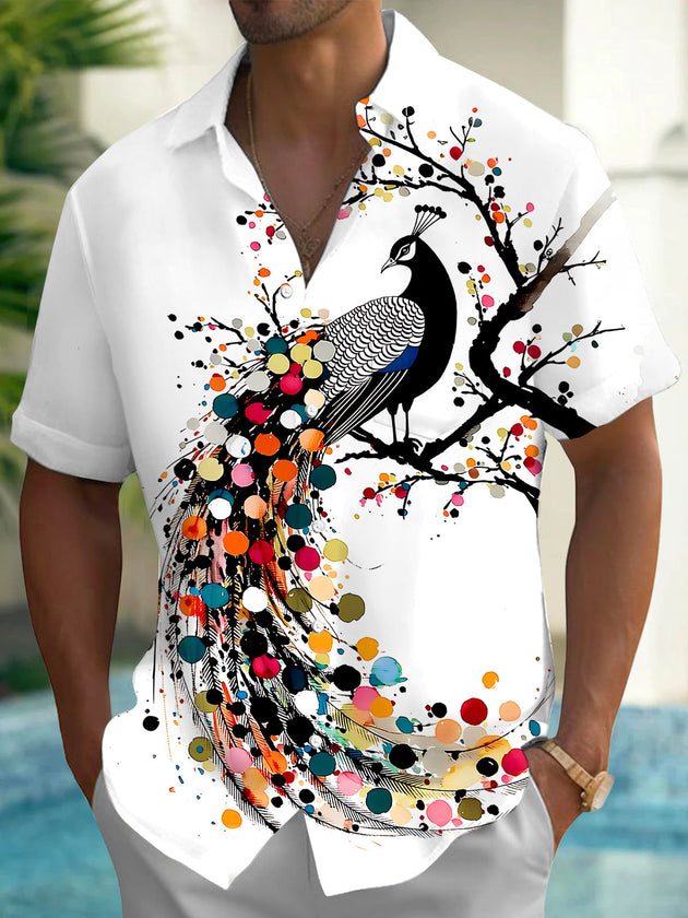 Adaychic Men's Printed Colorful Peacock Print Short Sleeve Shirt with Chest Pocket