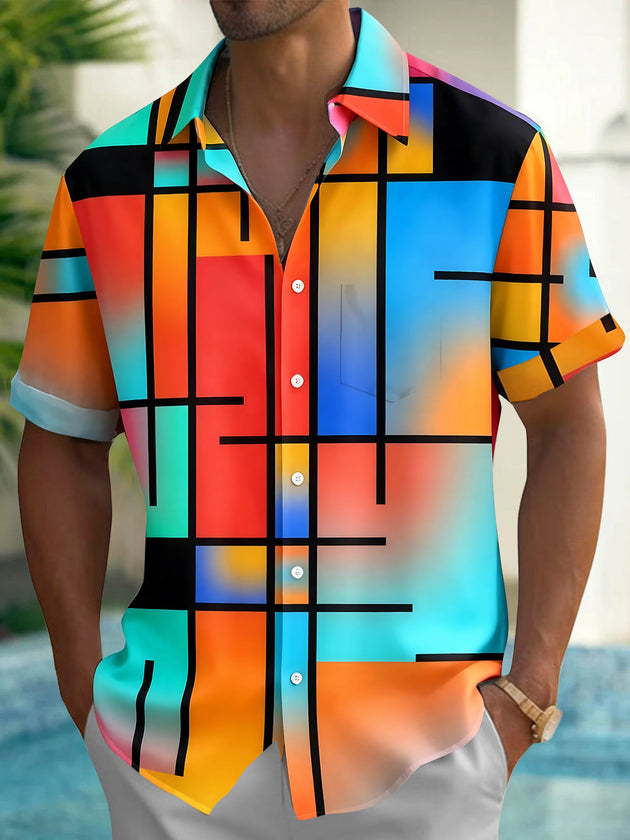 Adaychic Men's Colorful Geometric Grid Print Short Sleeve Shirt with Chest Pocket