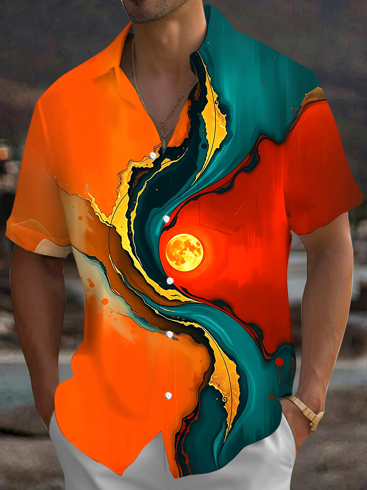 Adaychic Men's Printed Abstract Fluid Art Print Short Sleeve Shirt with Chest Pocket