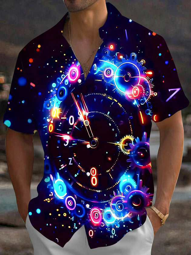 Adaychic Men's Graphic Neon Clock Gears Print Short Sleeve Shirt with Chest Pocket