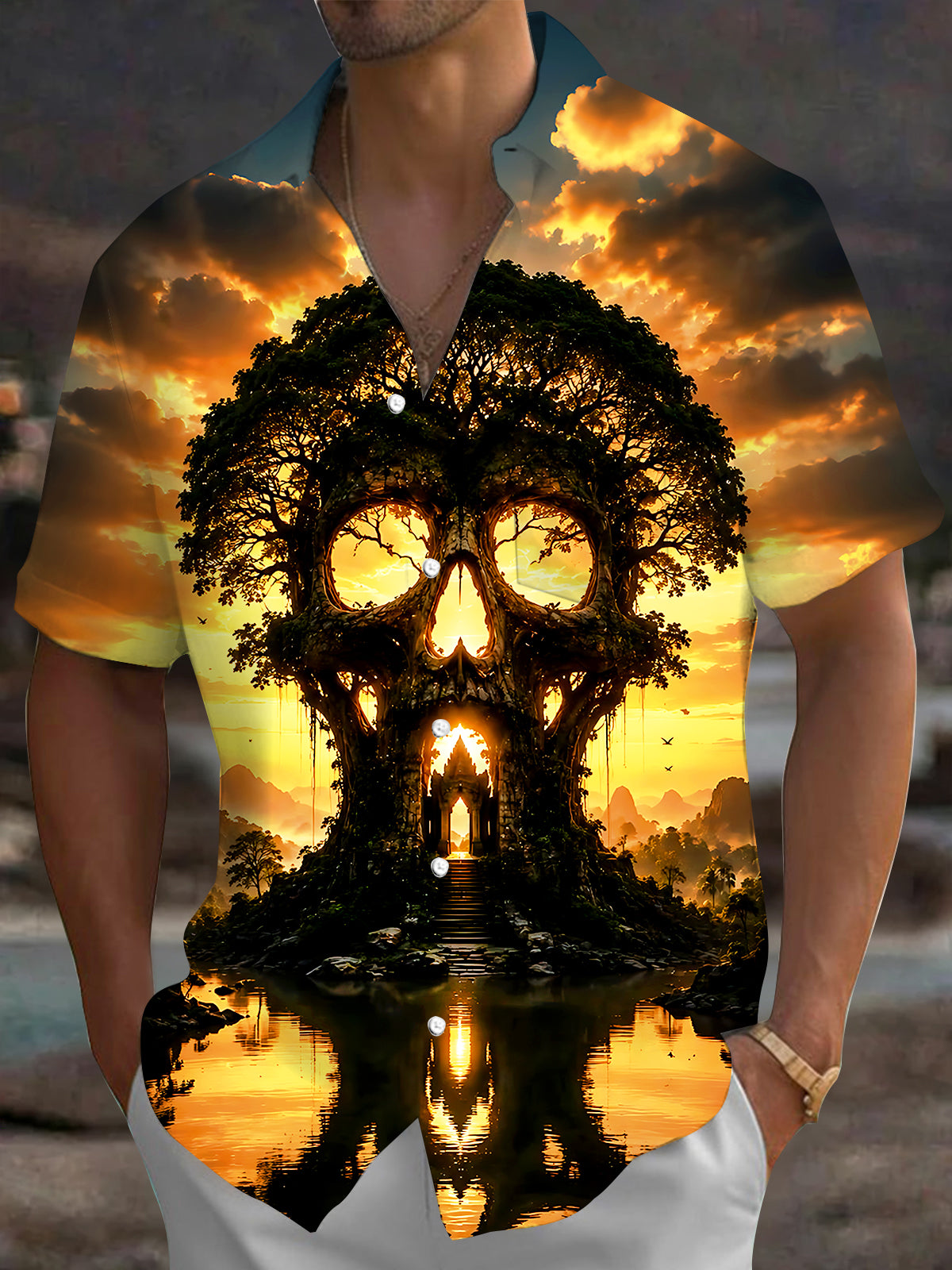 Adaychic Men's Graphic Skull Tree Silhouette Print Short Sleeve Shirt with Chest Pocket