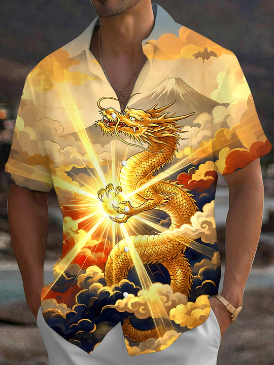 Adaychic Men's Graphic Golden Dragon Print Short Sleeve Shirt with Chest Pocket