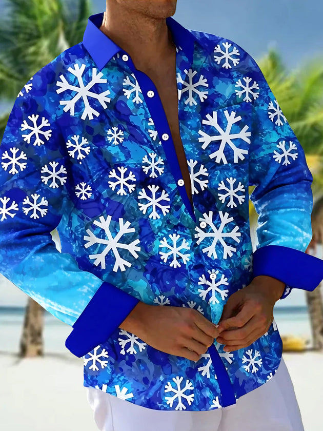 Adaychic Men's Hawaiian Snowflake Pattern Long Sleeve Shirt with Chest Pocket