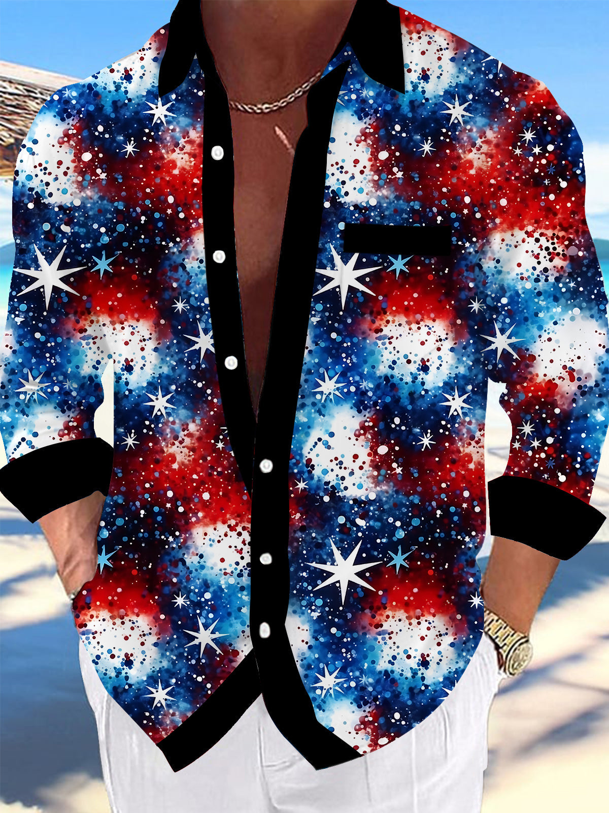 Adaychic Men's Hawaiian Patriotic Starburst Print Long Sleeve Shirt with Chest Pocket