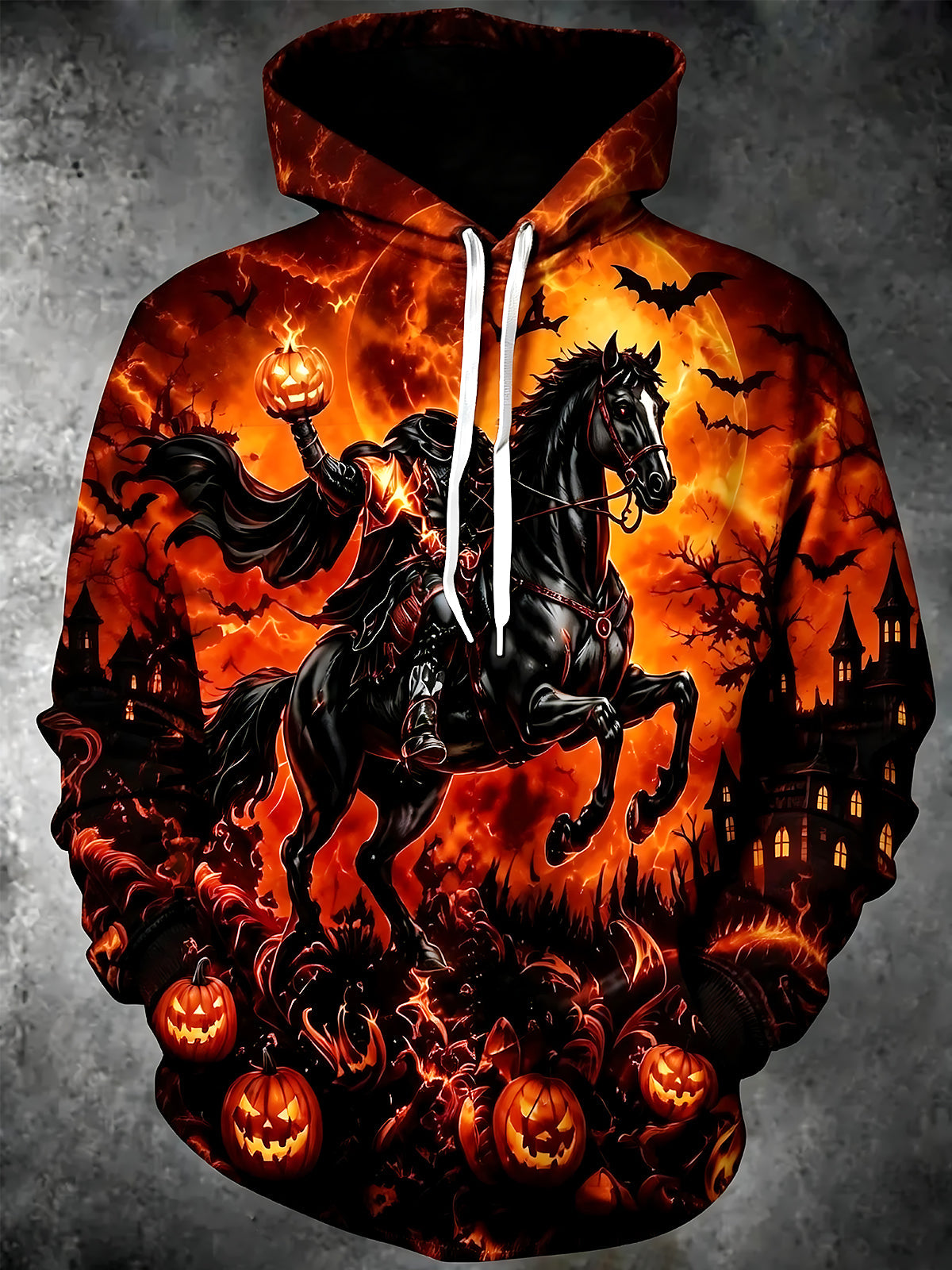 Adaychic Men's Horseman On Black Horse Print Long Sleeve Hoodie with Chest Pocket