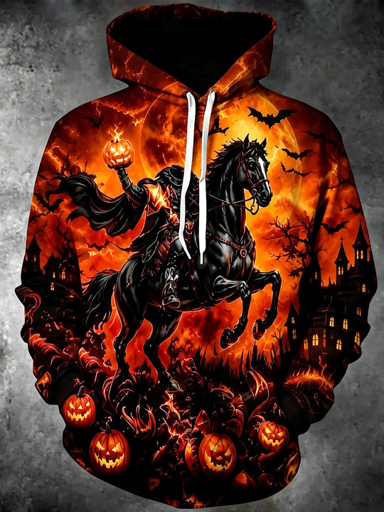 Adaychic Men's Horseman On Black Horse Print Long Sleeve Hoodie with Chest Pocket