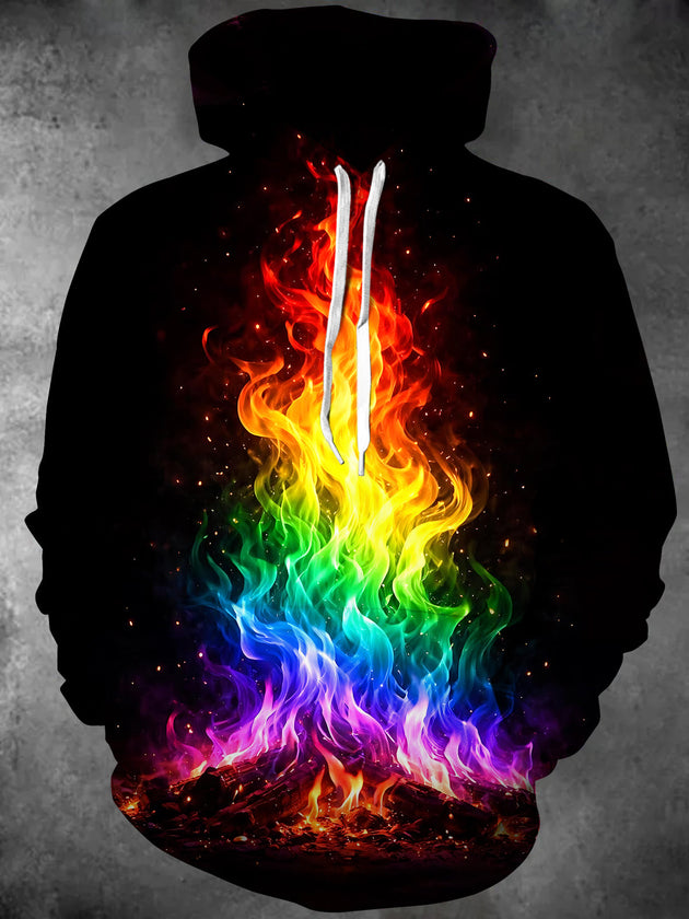 Adaychic Men's Graphic Rainbow Fire Print Long Sleeve Hoodie with Chest Pocket