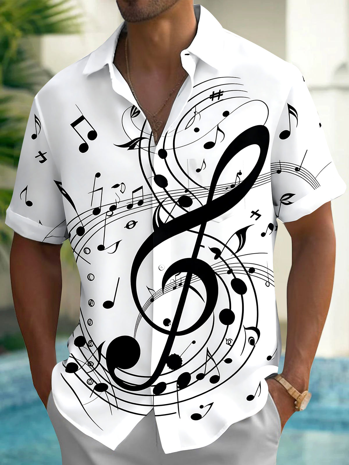 Adaychic Men's Graphic Musical Notes Print Short Sleeve Shirt with Chest Pocket