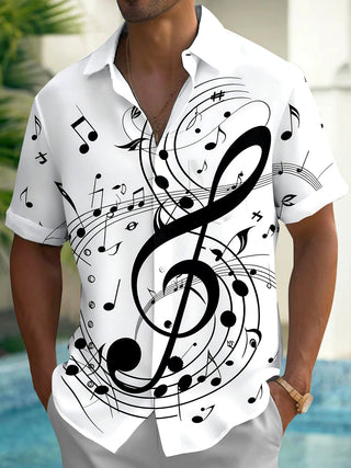 Adaychic Men's Graphic Musical Notes Print Short Sleeve Shirt with Chest Pocket
