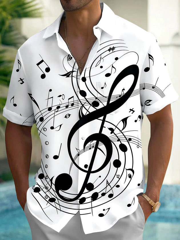 Adaychic Men's Graphic Musical Notes Print Short Sleeve Shirt with Chest Pocket