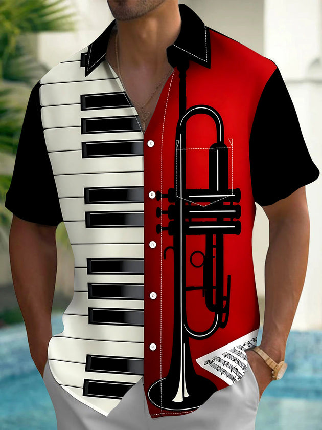 Adaychic Men's Graphic Piano Keyboard Print Short Sleeve Shirt with Chest Pocket