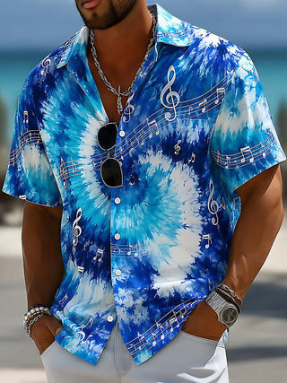 Adaychic Men's Graphic Musical Notes Print Short Sleeve Shirt with Chest Pocket
