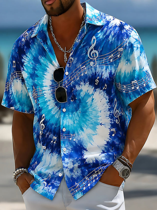 Adaychic Men's Graphic Musical Notes Print Short Sleeve Shirt with Chest Pocket