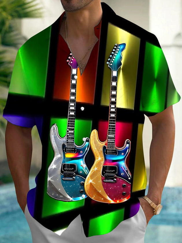 Colorful Music Guitar Men's Pocket Short Sleeve Shirts