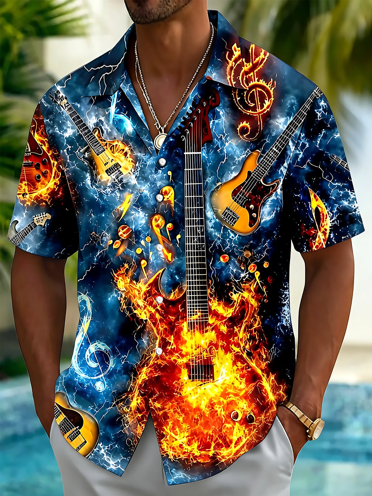 Adaychic Men's Hawaiian Electric Guitar Fire Print Short Sleeve Shirt with Chest Pocket