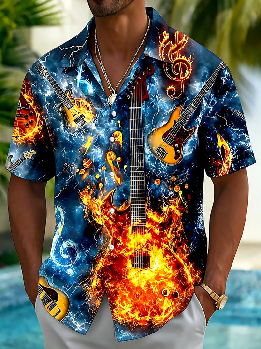 Adaychic Men's Hawaiian Electric Guitar Fire Print Short Sleeve Shirt with Chest Pocket