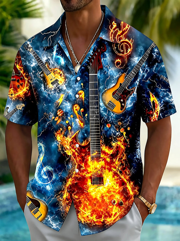 Adaychic Men's Hawaiian Electric Guitar Fire Print Short Sleeve Shirt with Chest Pocket
