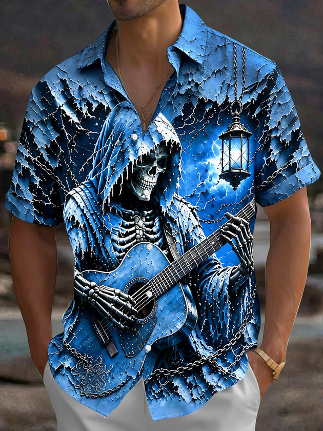 Adaychic Men's Skeleton Playing Guitar Print Short Sleeve Shirt with Chest Pocket